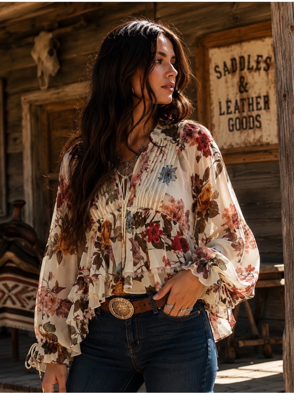 Buffalo by David Bitton Floral V-Neck Pleated Long-Sleeve Blouse - Cream Multi